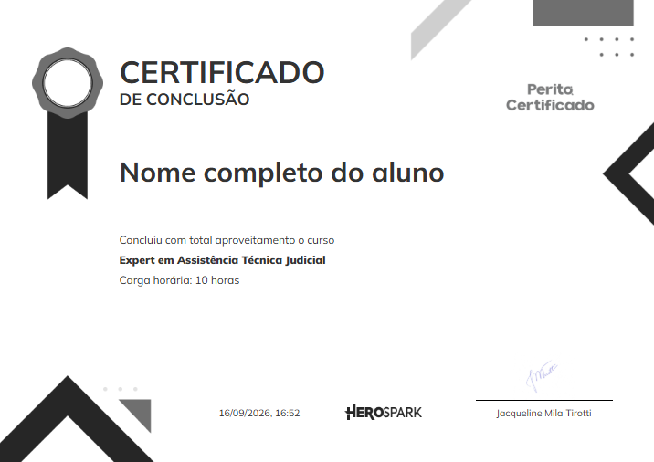 Modelo do certificado de conclusão do curso Expert em Assistência Técnica Judicial, 10 horas
