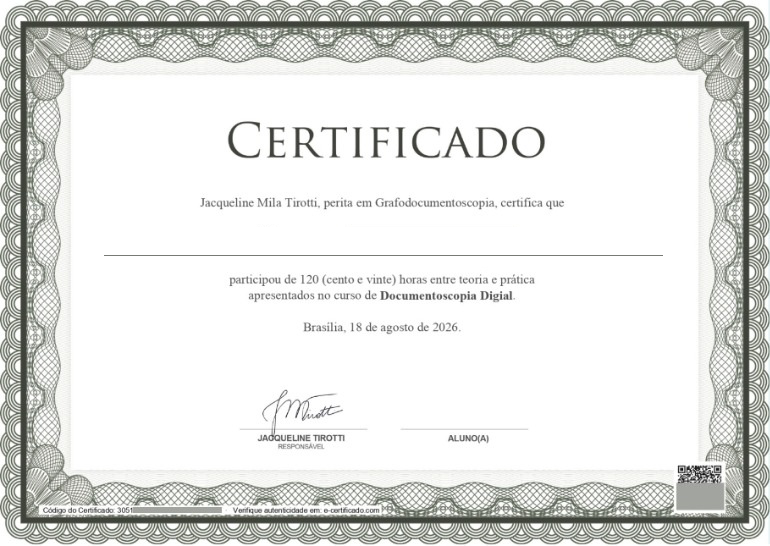 Modelo do certificado de conclusão do curso Documentoscopia Digital na Prática, 120 horas