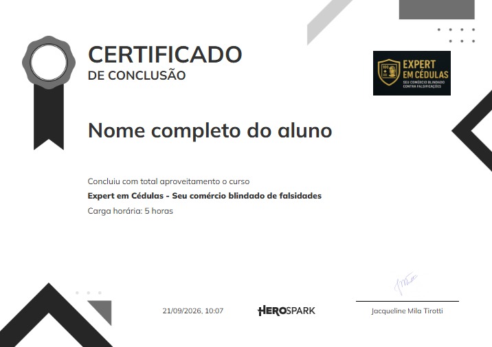 Modelo do certificado de conclusão do curso Expert em Cédulas, 5 horas