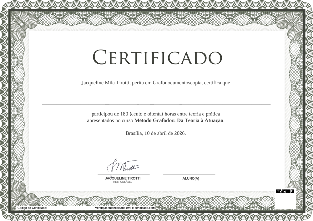 Modelo do certificado de conclusão do curso Método Grafodoc, 180 horas